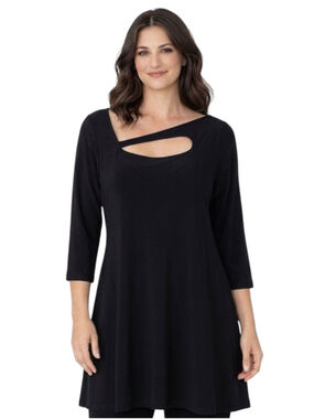 Sympli Jersey Stretch 3/4 Sleeves Tunic Top Size 10 Neckline Cutout Black